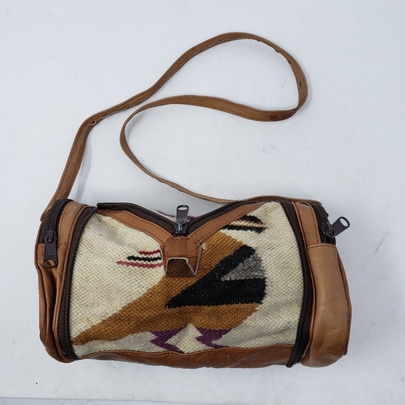 Vintage wool leather small crossbody duffle convertible zip bag - Picture 5 of 11